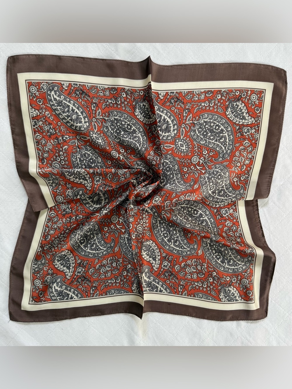 Silk Like Paisley Square Scarf in Brown and Rusty Orange Brand New